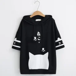 Kawaii Therapy Clothing<Japanese Neko Cat Short Sleeve Hoodie