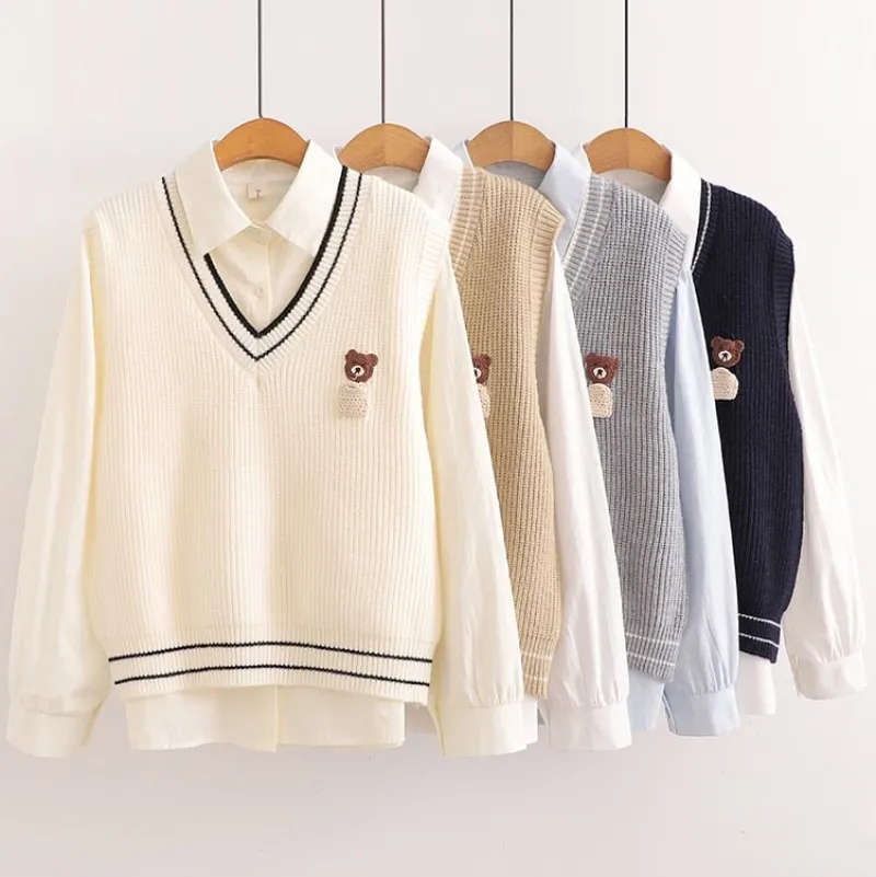 Kawaii Therapy Clothing<Kawaii Bear Harajuku Embroidery Cardigan Shirt Set