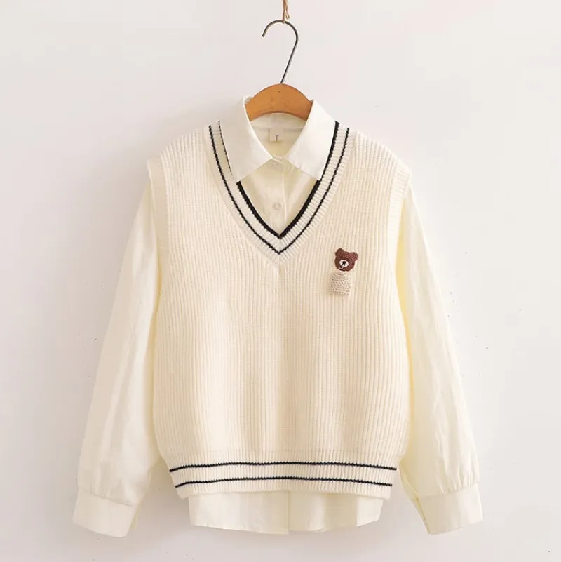 Kawaii Therapy Clothing<Kawaii Bear Harajuku Embroidery Cardigan Shirt Set