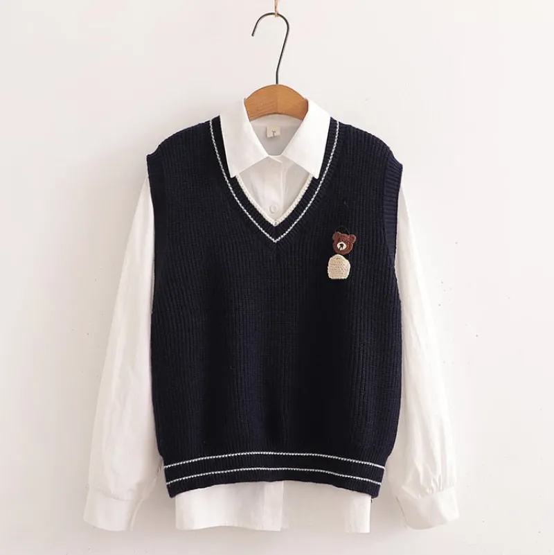 Kawaii Therapy Clothing<Kawaii Bear Harajuku Embroidery Cardigan Shirt Set