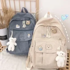 Kawaii Therapy Preppy Backpacks | College Backpacks<Kawaii Cat Soft Zipper Corduroy Backpack – Limited Edition