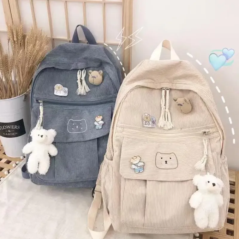 Kawaii Therapy Preppy Backpacks | College Backpacks<Kawaii Cat Soft Zipper Corduroy Backpack – Limited Edition