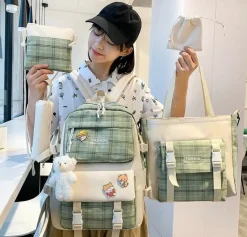 Kawaii Therapy Large Backpacks | Backpack Sets<Kawaii Harajuku Large Capacity Fashion Grid Backpack Set