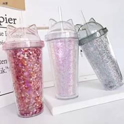 Kawaii Therapy Bottles<Kawaii Sequined Double Wall Cat Ears Bottle