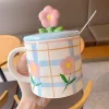 Kawaii Therapy Bottles<Flower Pastel Grid Ceramic Cup (350ml)