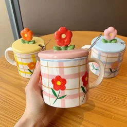 Kawaii Therapy Bottles<Flower Pastel Grid Ceramic Cup (350ml)