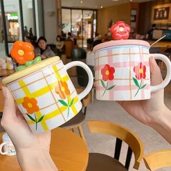 Kawaii Therapy Bottles<Flower Pastel Grid Ceramic Cup (350ml)