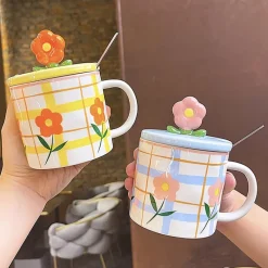 Kawaii Therapy Bottles<Flower Pastel Grid Ceramic Cup (350ml)